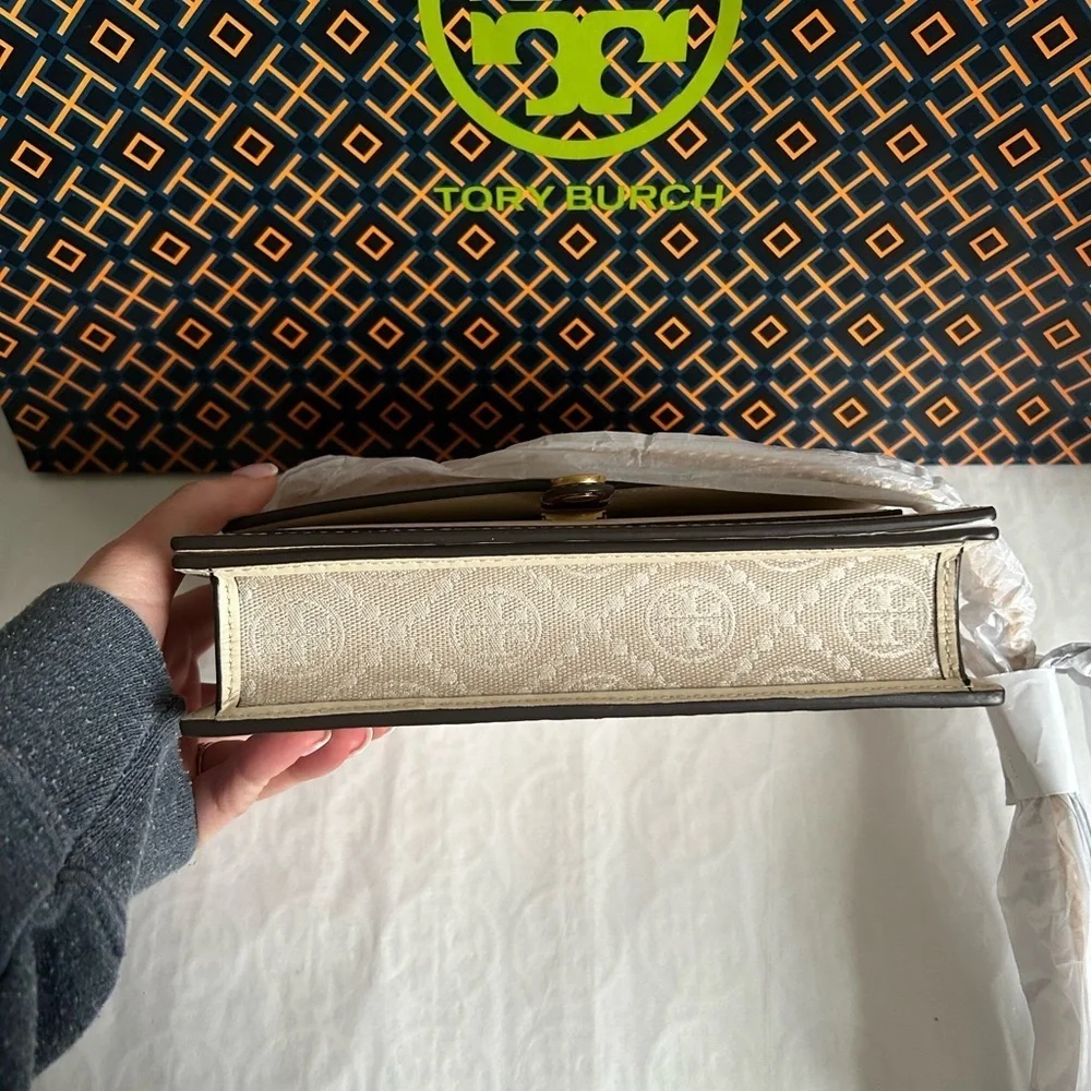 Tory Burch T Monogram Chain Wallet Crossbody Bag Ivory Gold Tan Cream Neutral